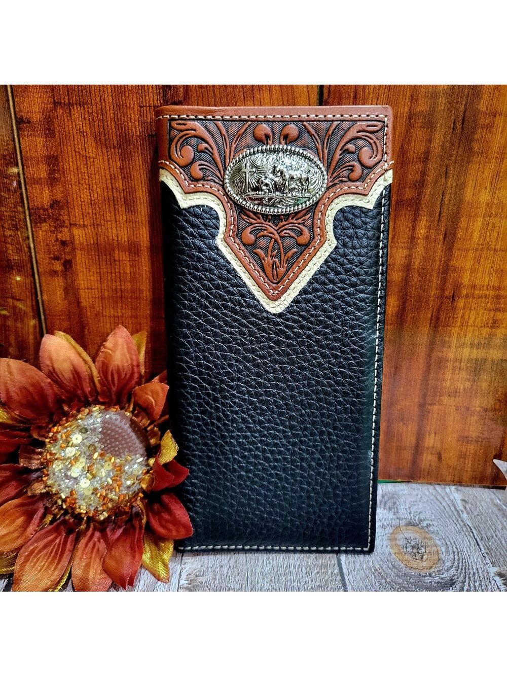 Praying Cowboy Men's Wallet Genuine leather cowboy rodeo Western tooled Black